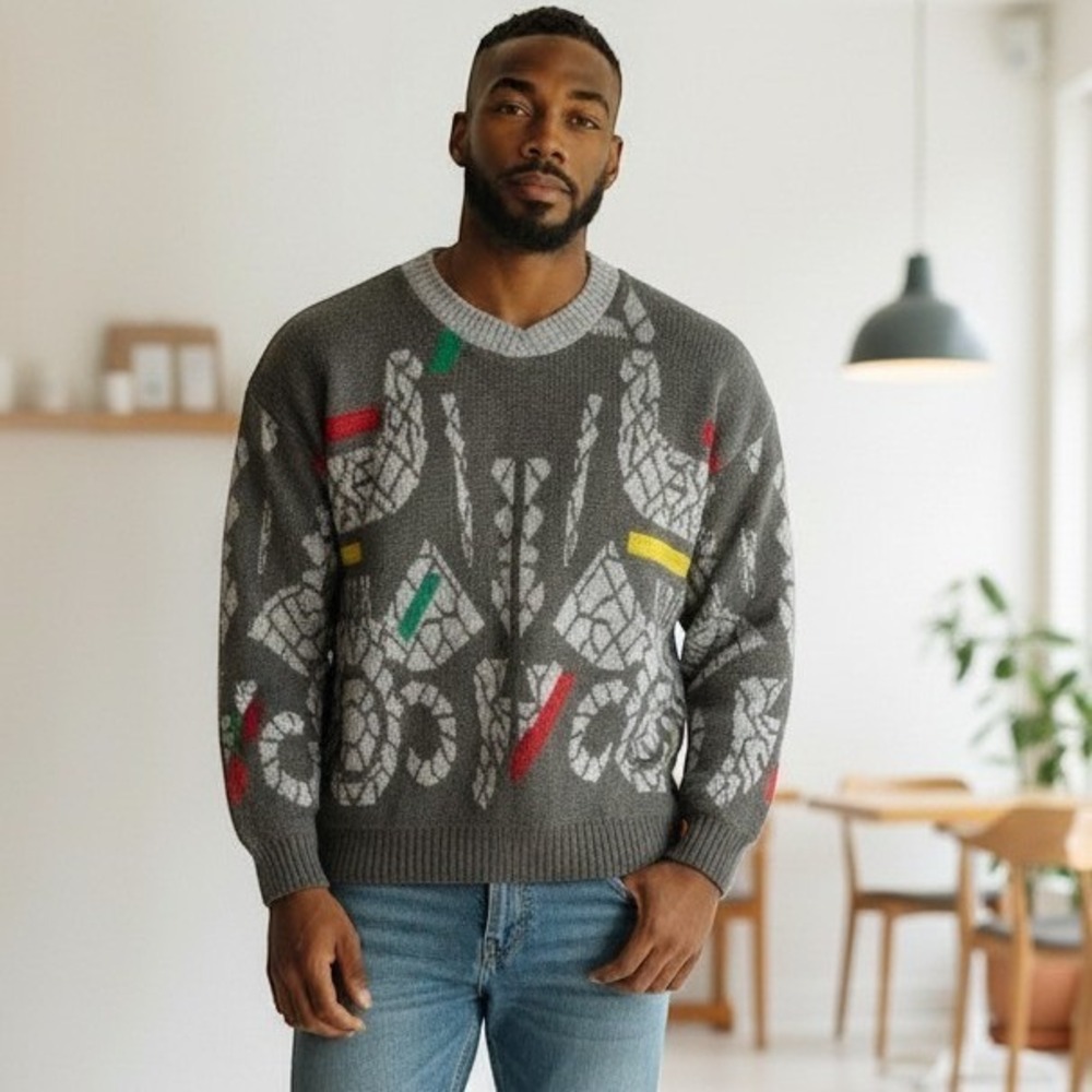Vintage Knit Sweater Mens XL Abstract Geometric V-Neck Cosby 90s Dad Excentric